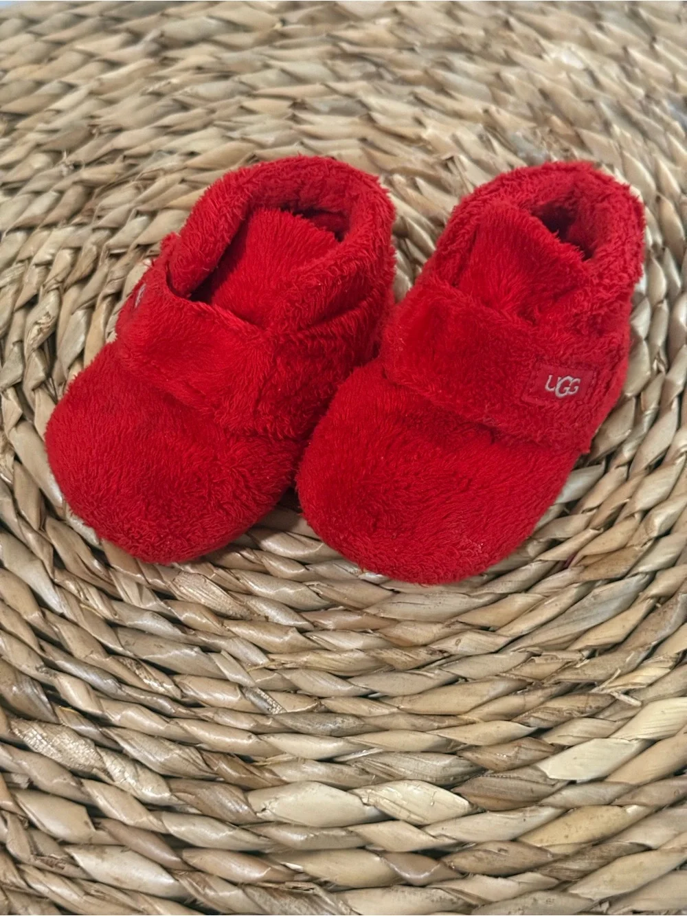 UGG Red Plush Baby Booties with Hook-and-Loop Strap